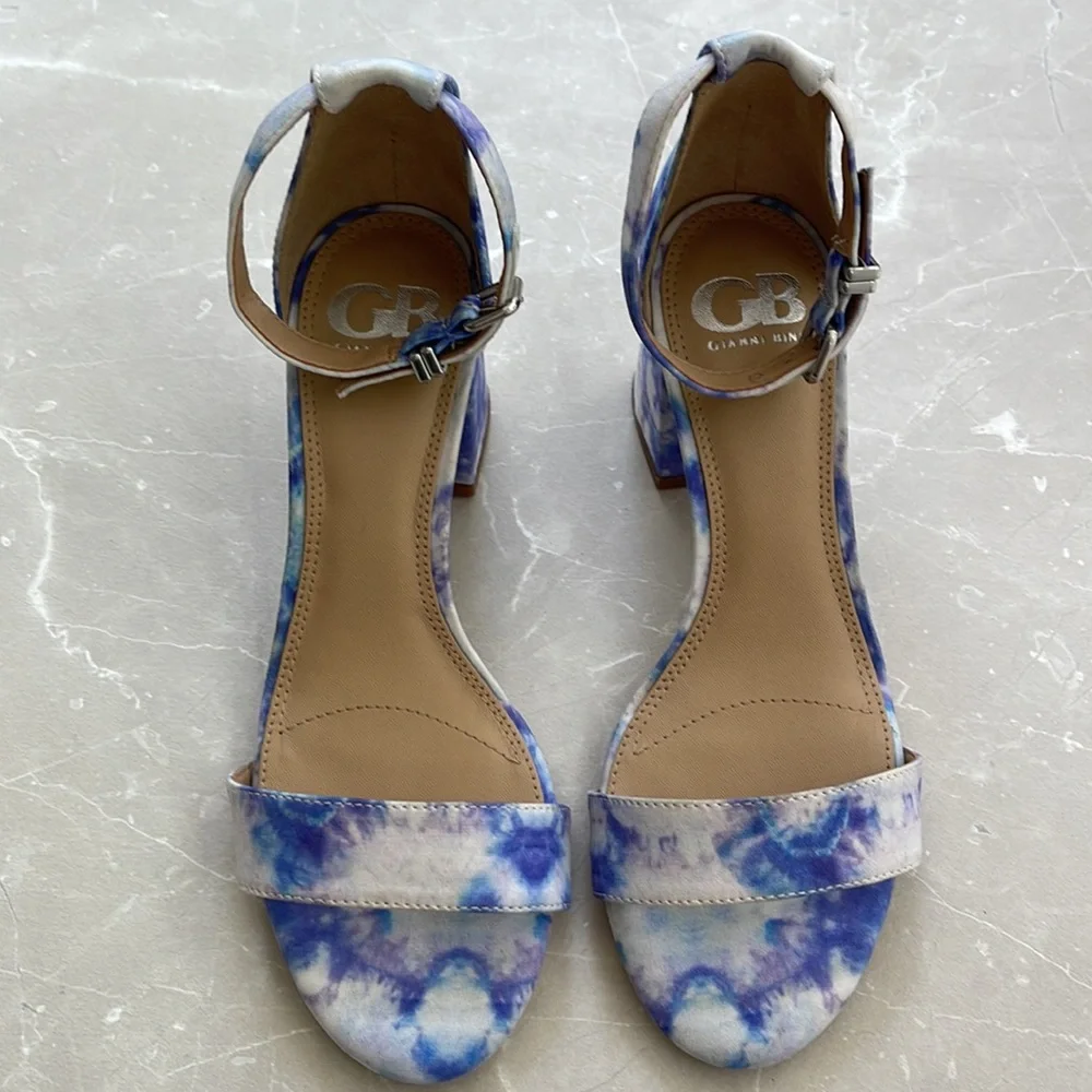 Gianni Bini Block Party Blue Multi Tie Dye Ankle Strap Sandals